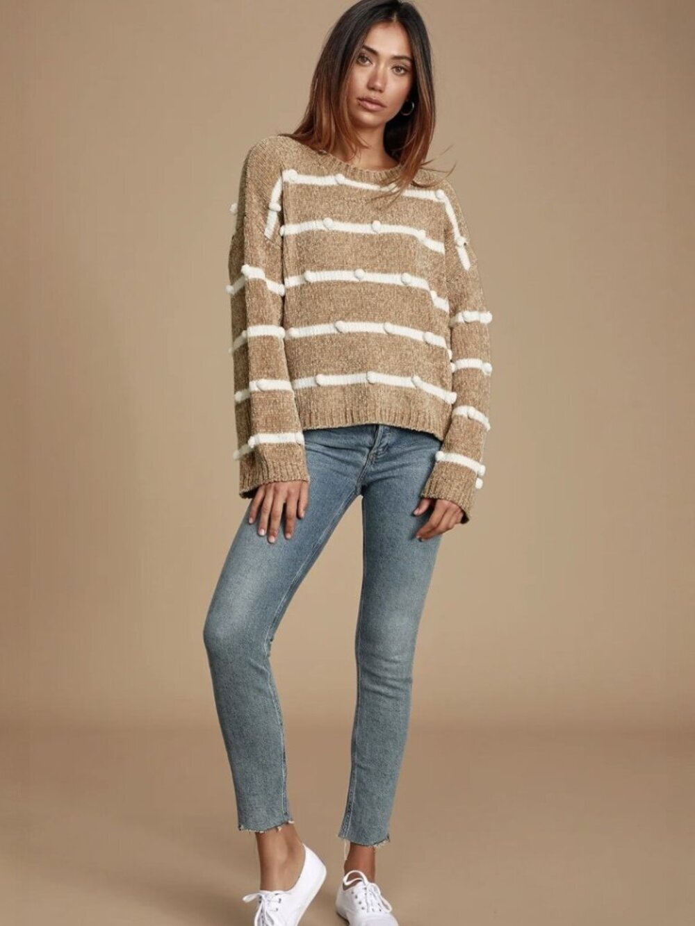 Lulus Cozy Times White and Beige Striped Chenille Knit Pom-Pom Sweater NWT - Picture 1 of 8